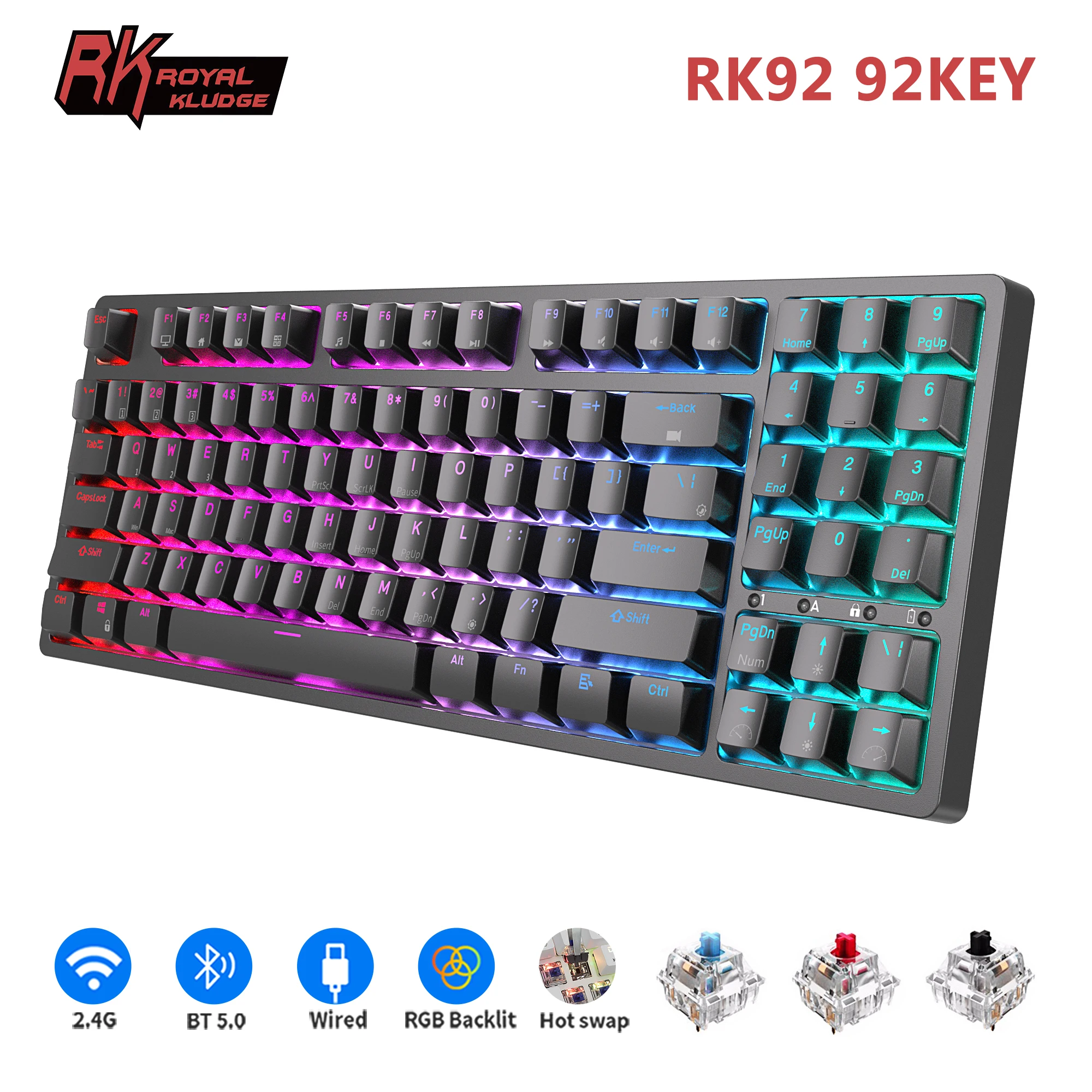 RK92 92 Keys RGB Wireless Bluetooth Mechanical Keyboard Tri-Mode BT5.0/2.4G/USB Hot Swappable Gamer keyboards for Tablet Desktop