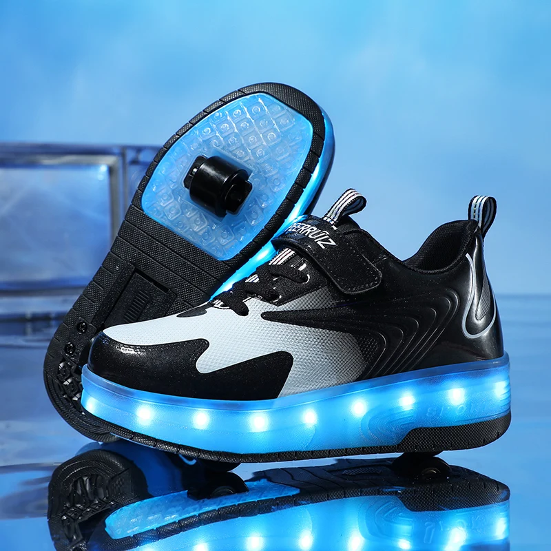 New Children\'s Sneakers with LED Lighting Boys Outdoor Sports Running Dual Wheel USB Charging Roller Skating Shoes for Kids