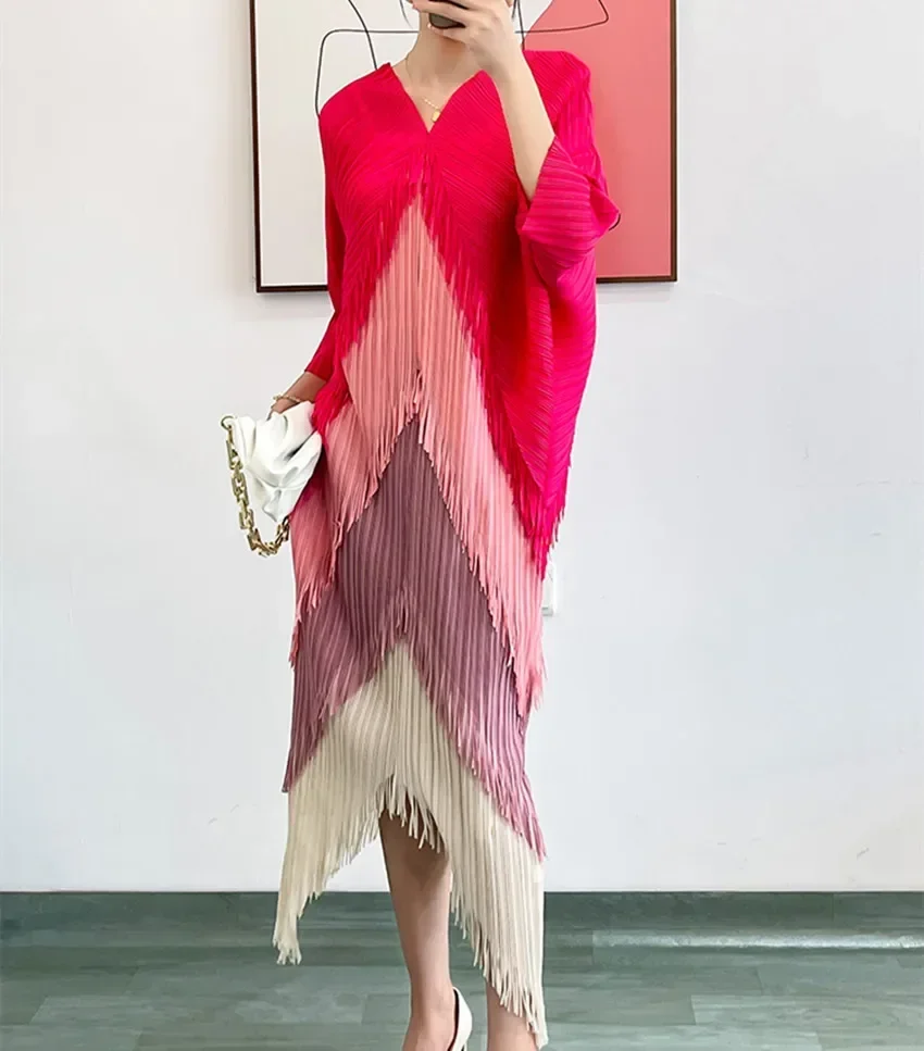 Robe Plissée avec Pompon pour Femme, Tenue de Nuit en Patchwork, Col en V, Manches Chauve-Souris, Dégradé de Batterie, Nouvelle Collection Été 2025
