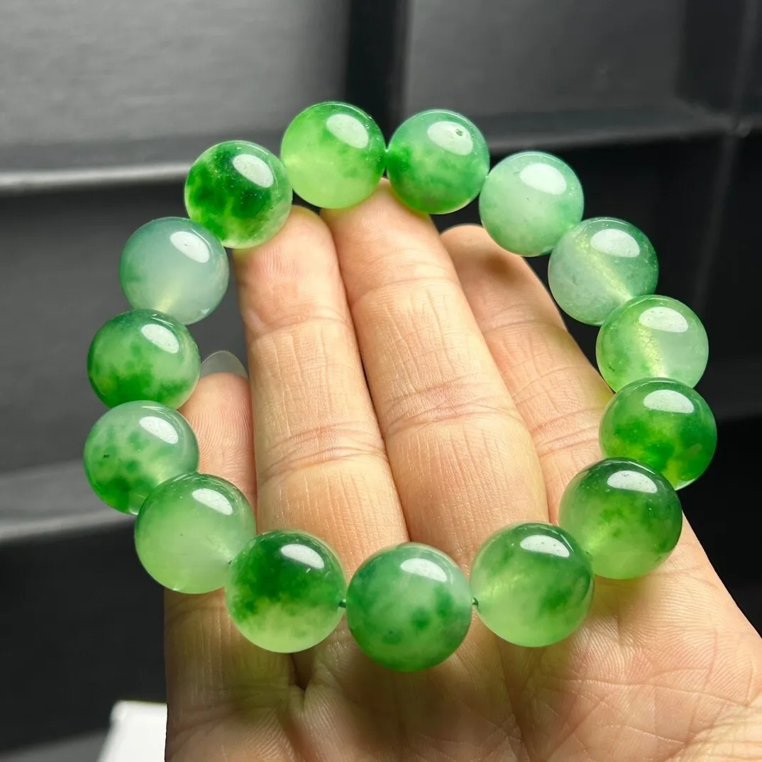 14mm Nature ice Green flower Burmese Jade jadeite Round Beads Bracelets Bangle