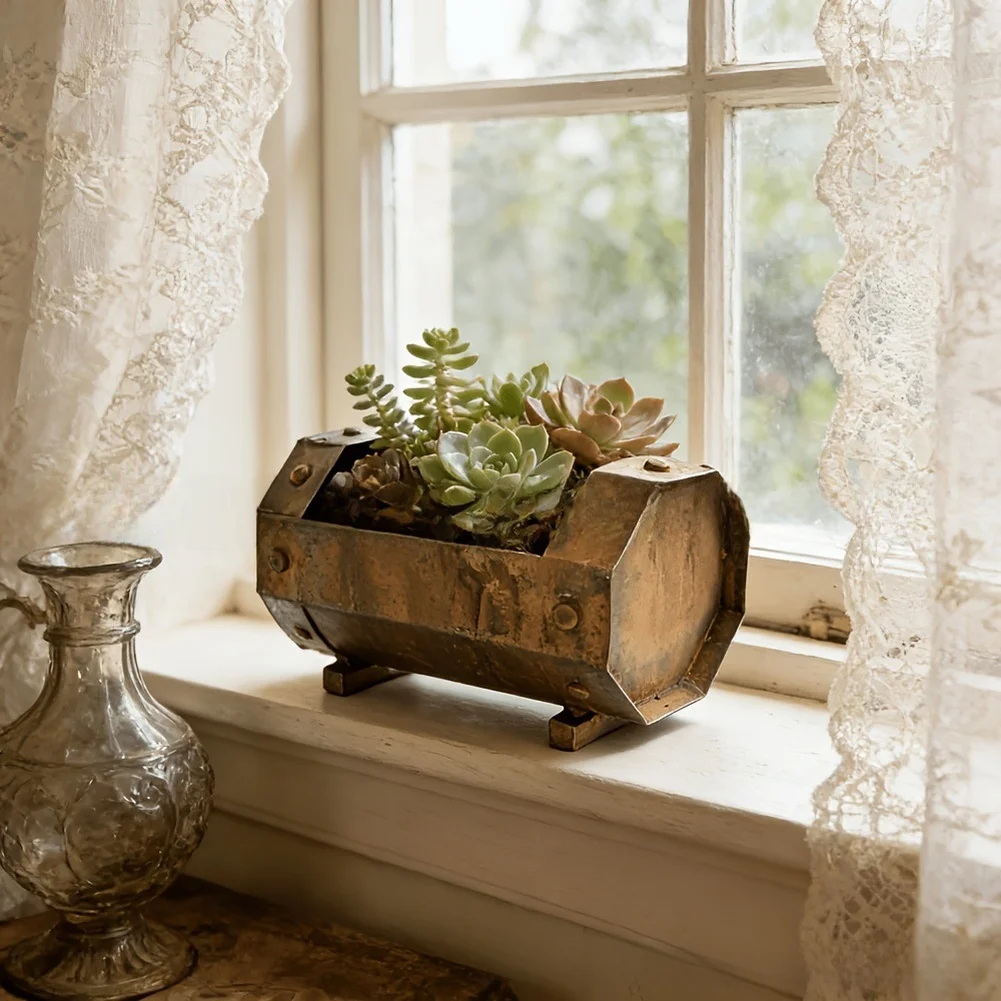 Vintage European Style Metal Flower Pot for Indoor and Outdoor Use with Rustic Wine Trough Shape and Sturdy Iron Construction