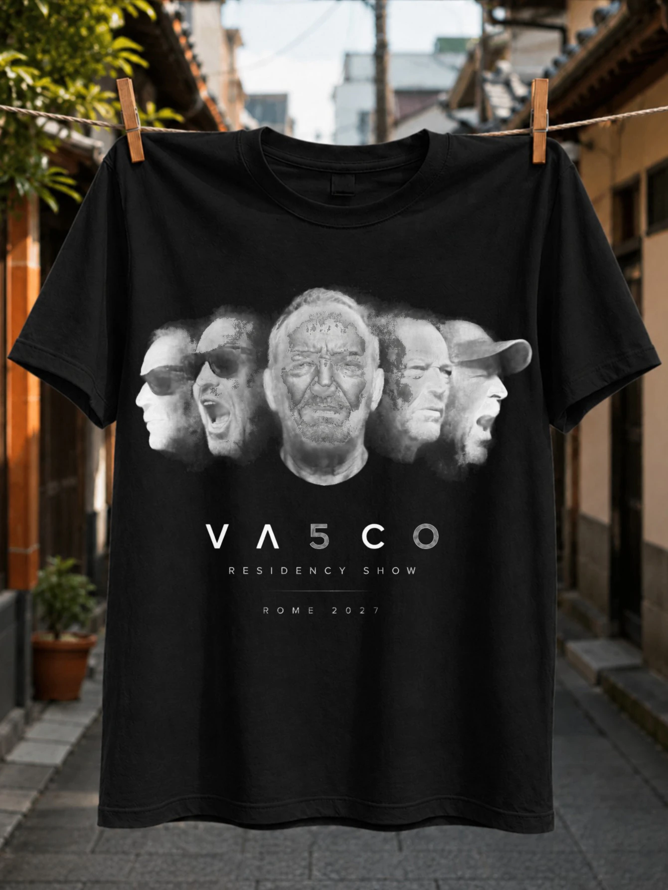 VASCO Residency Show with smoky grayscale face lineup minimal VA5CO lettering Rome 2027 and concert  Unisex All T-Shirt