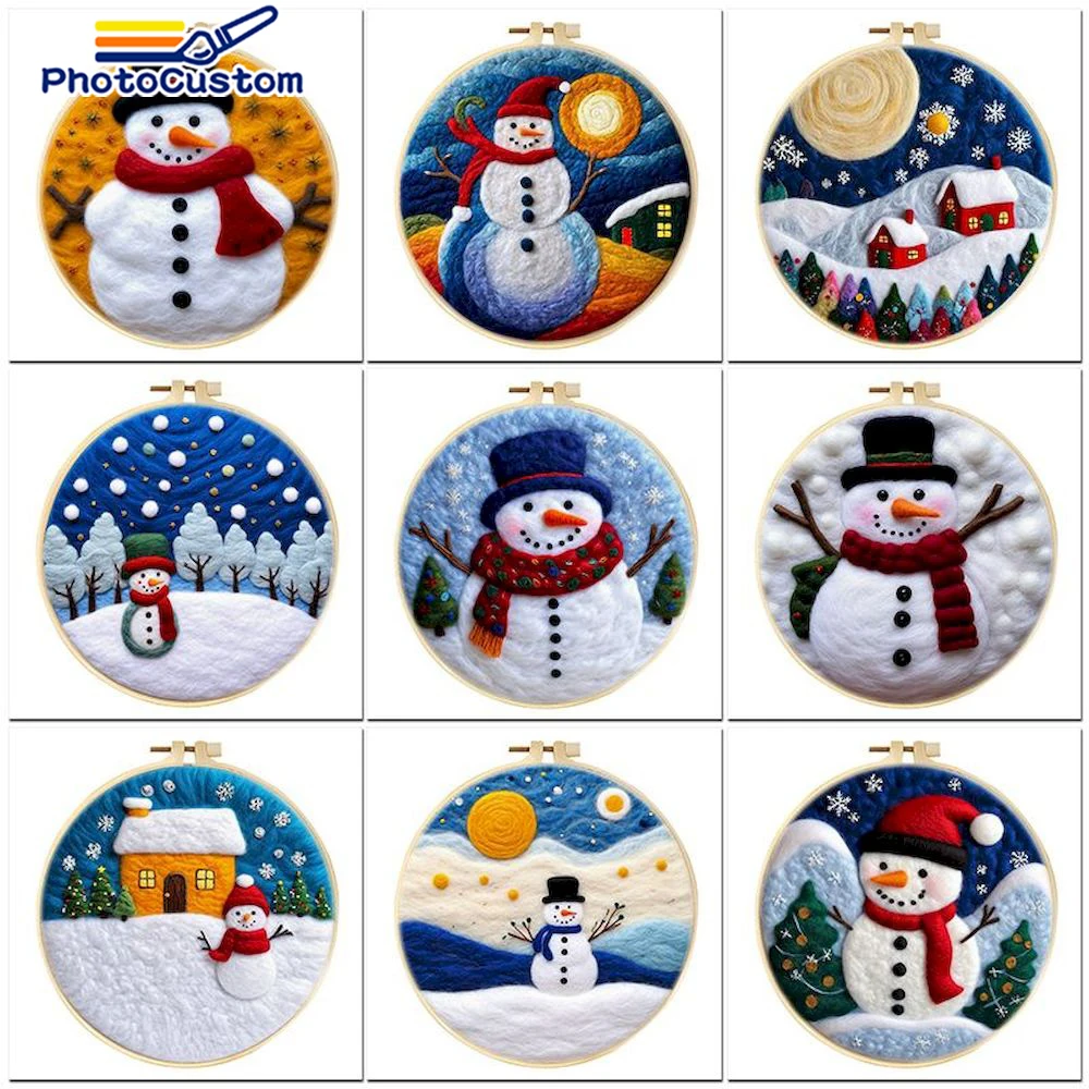 

PhotoCustom Needle Felting Painting With 20x20cm Frame Christmas Snowman Painting Wool Felting Kit For Beginners DIY Handicraft