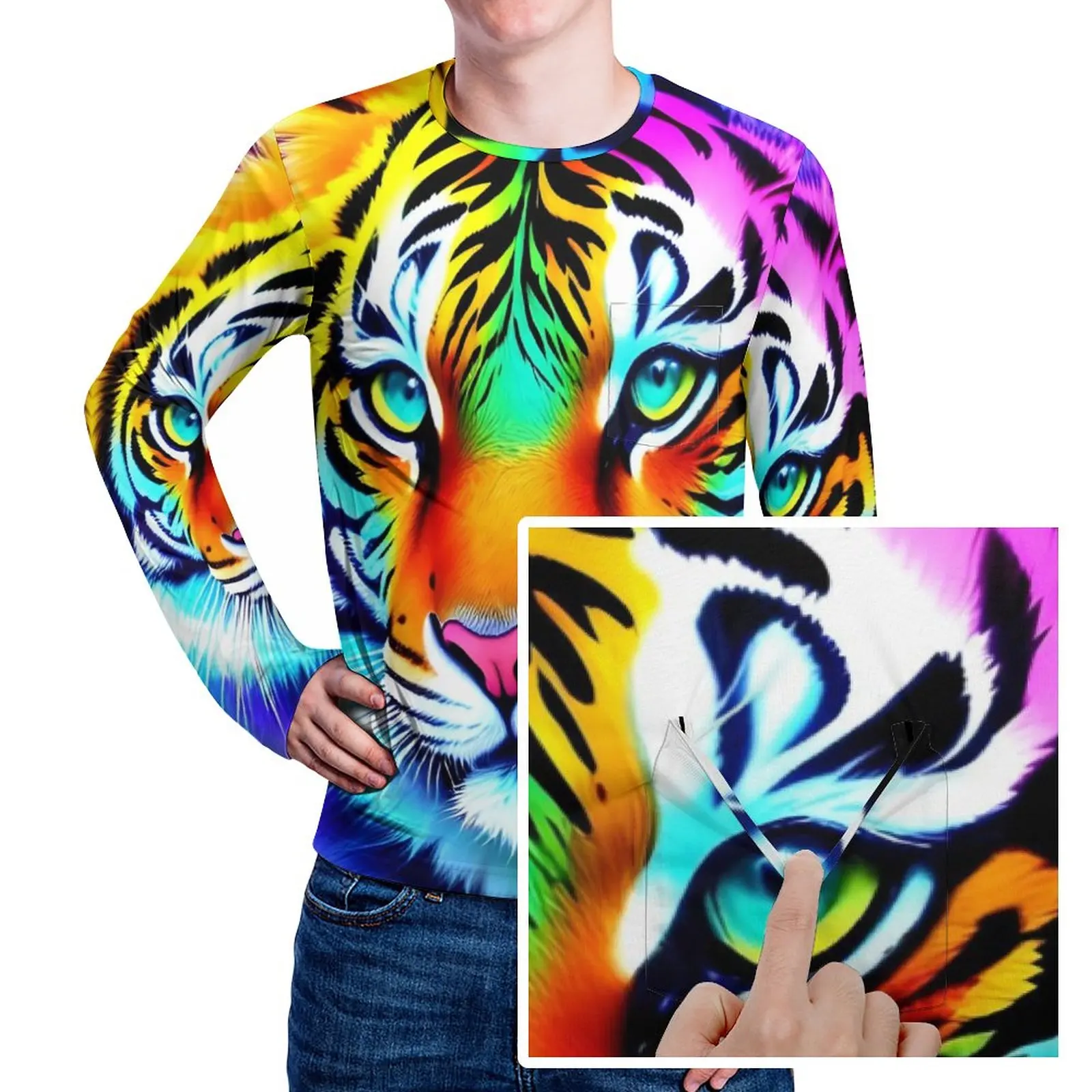 Caspian Tiger T-Shirt Mens Colorful Rainbow Casual T Shirts Daily Hippie Tees Long Sleeve Graphic Big Size Tops