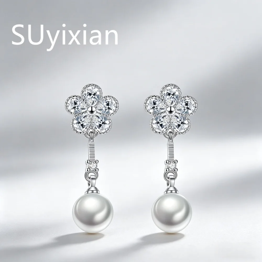 925 Sterling Silber Stilvolle Einfache Blumen-Zirkon-Perlen-Ohrringe Geburtstags-Party-Jubiläums-Geschenk