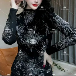 Women Korean Fashion Half High Collar Rhinestone Thick Basic T-shirt Autumn Winter Black Elegant Long Sleeve Slim Pullover Tops