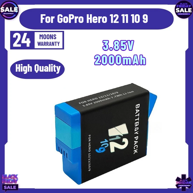 3.85V 2000mAh Rechargeable Battery for GoPro Hero 12 11 10 9 Li-ion Battery Pack Motion Camera Battery Storage
