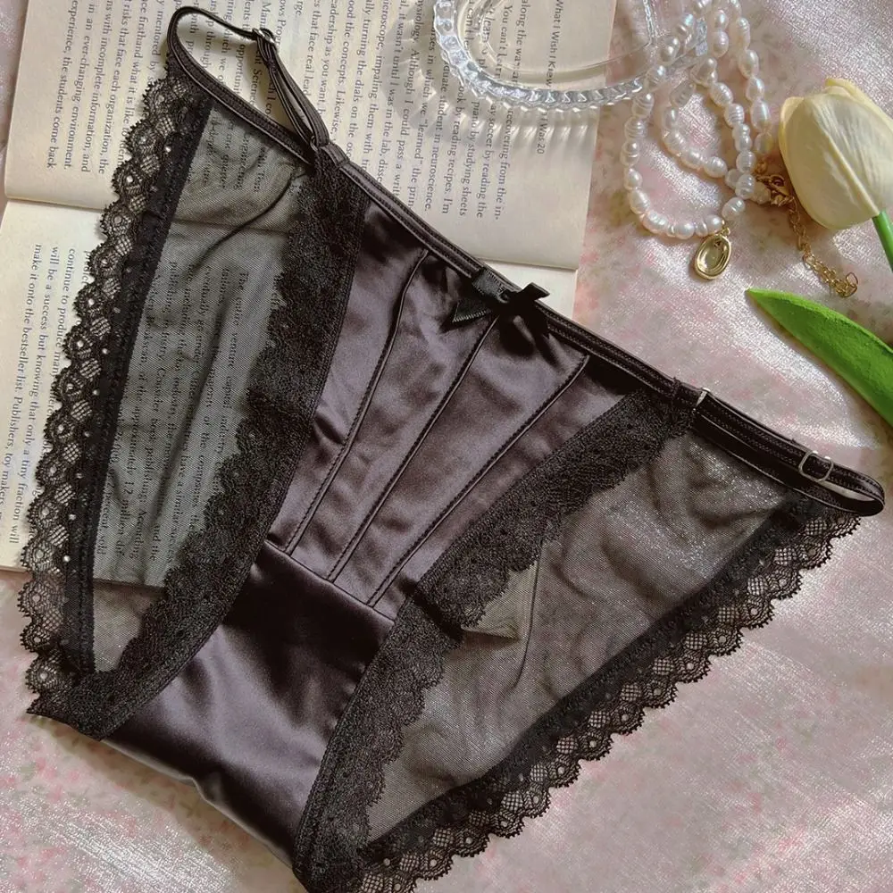 Comfortable Low Waist Lace Panties Transparent Lingerie Mesh Briefs Satin Silk Bow Underwear for Women Lady