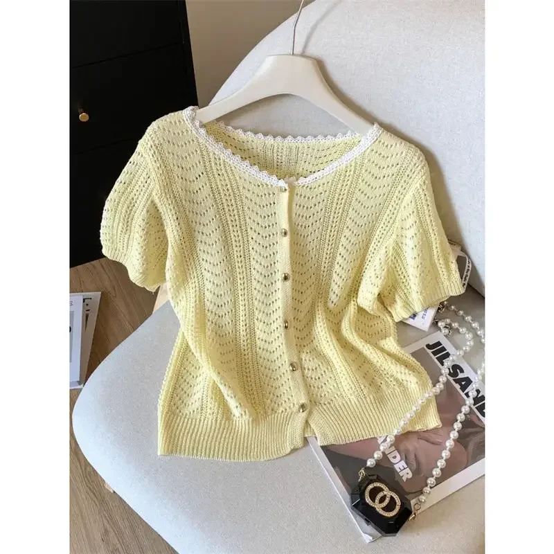 

Oversized Summer Thin Knitting Cardigan Short Sleeve T-Shirts Ladies Lace Patchwork Buttons Hollow Out T-Shirts Top Tee JJ24