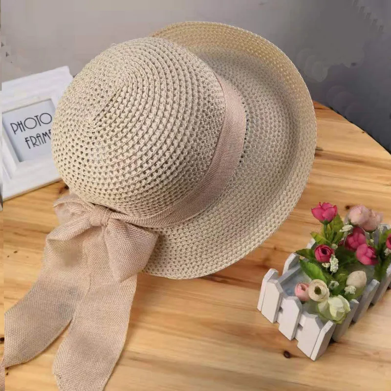 Summer Women\'s Straw Hat Rolled Edge Bow Breathable Sunscreen Large Eaves Hundred Sun Hat Shading Sun Beach Seaside Foldable