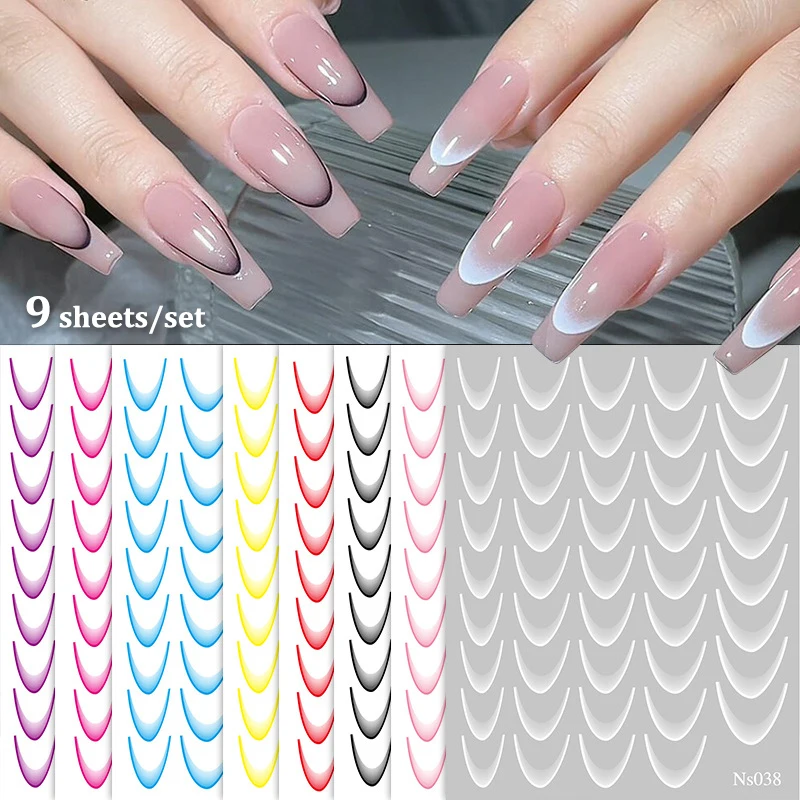 9 Sheets Gradient Color Line Design French Nail Art Stickers Self-Adhesive Ail Tips Guides For DIY Decoration Stencil Tools