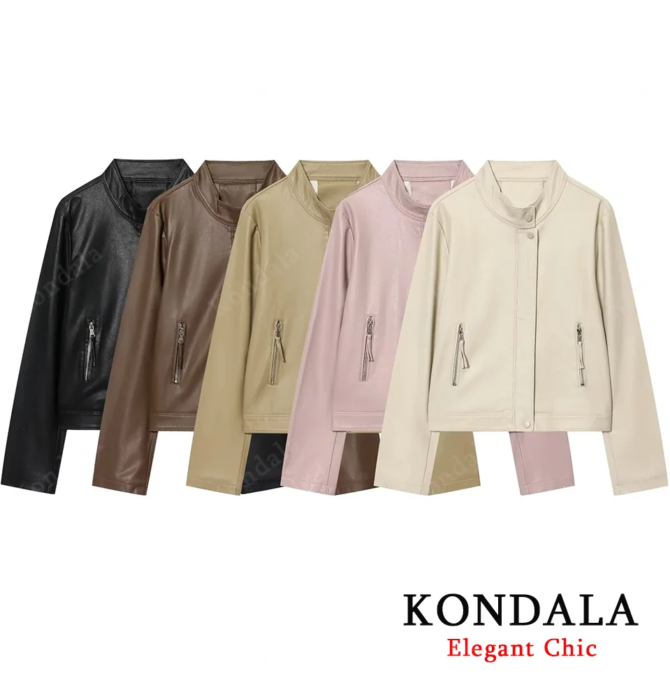 

KONDALA кожаная куртка на молнии с воротником-стойкой, женская уличная одежда, тонкая куртка из искусственной кожи, осень 2021, модная женская куртка