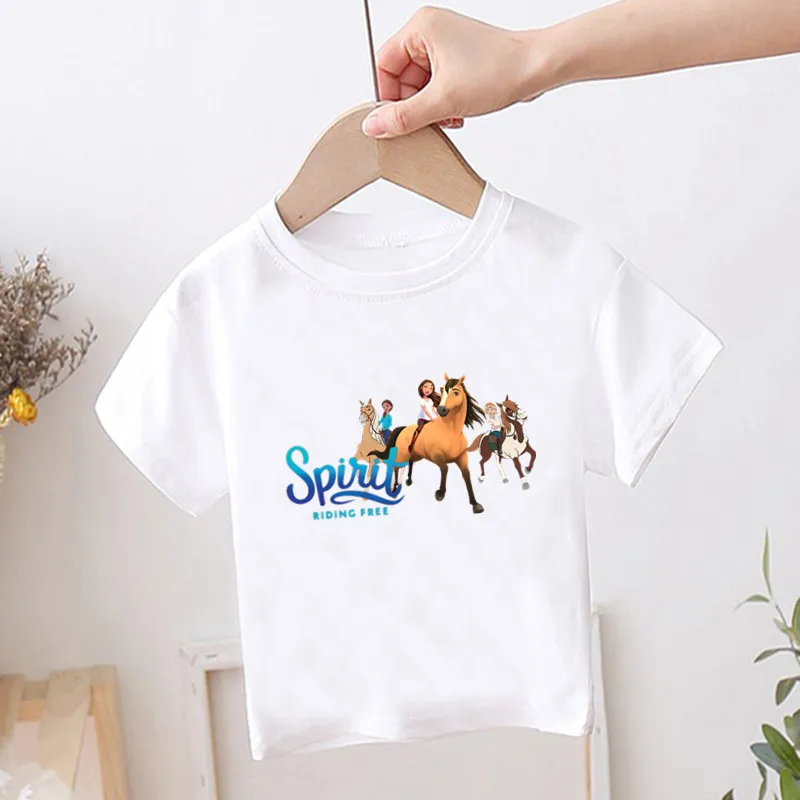 

Hot Sale Lucky & Mustang Spirit Horse Print Kids T-shirt Kawaii Children's Clothes Summer Cartoon Girls Tops Baby Boys T shirt