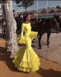 Robe de flamenco jaune pour femme, robe de Rhsirène, volants espagnols à plusieurs niveaux, manches longues, tenue de soirée formelle, personnalisée