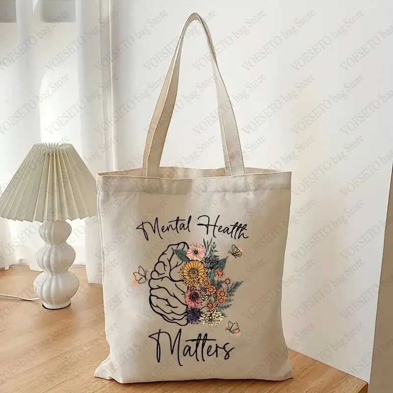 Mental Health Matters Canvas Tote Bag Inspirational Gift Aesthetic Bags Psychologist Therapist Gifts Floral Flower Shopping Bag