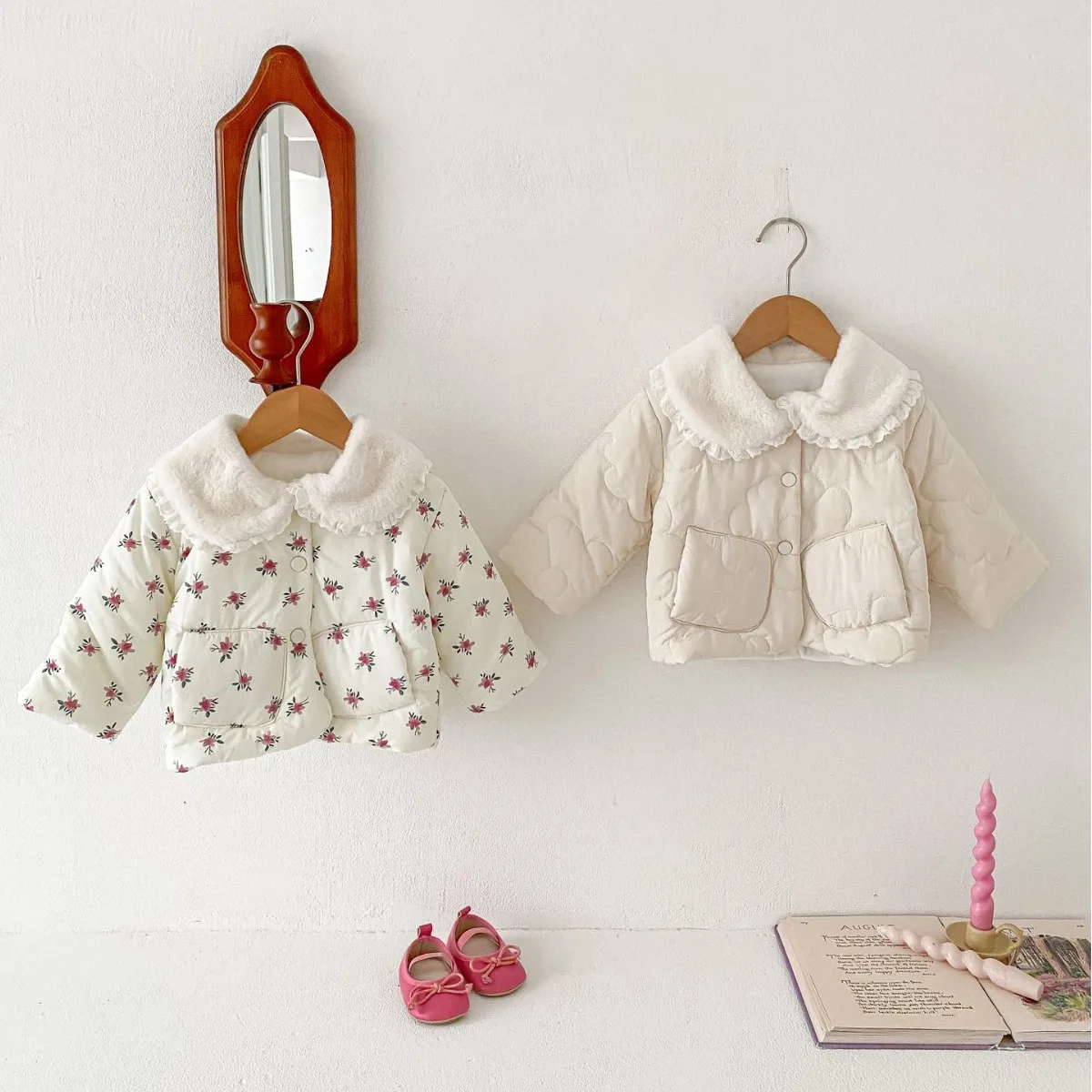 Winter 2024 Baby Girls Parkas Cotton Padded Hairy Collar Pocket Infant Girls Jacket Floral Warm Toddler Girls Outwear Coat