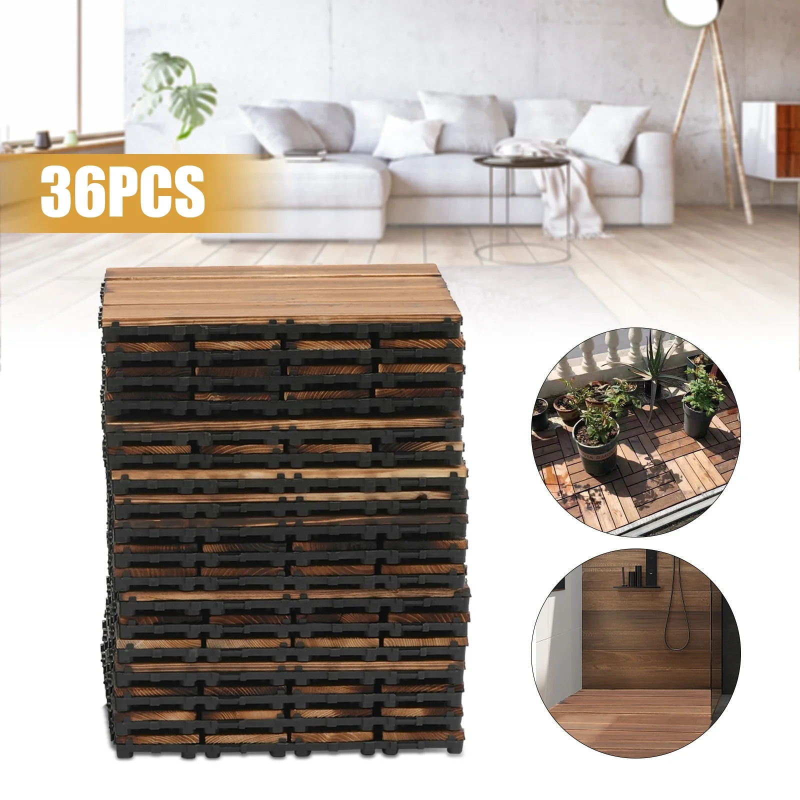 36 piezas de baldosas de madera de acacia, mosaico de baldosas de madera de acacia, baldosas de madera dura para jardín, césped, patio trasero, marrón