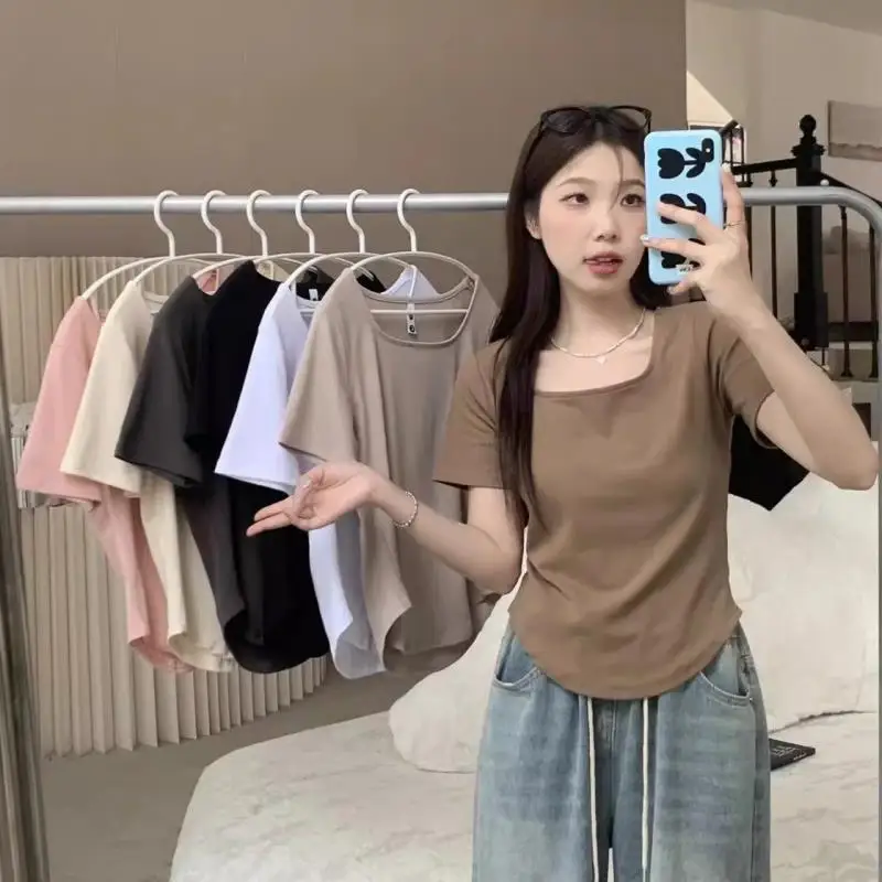 

Cotton Oversized Belly Covering Slim Fit Shoulder Square Neck Short Sleeved T-shirt Women Summer Korean Edition Bottom Top