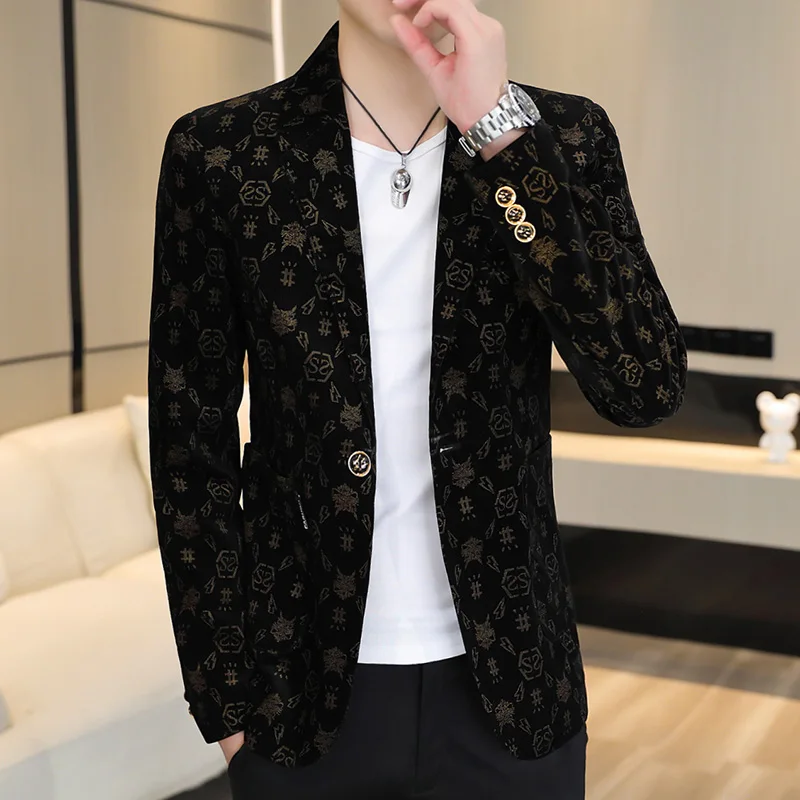 Blazer New Men\'s Fashion Corduroy Business Gentleman Slim Letter English Style Outdoor Performance Wedding Banquet Casual Blazer