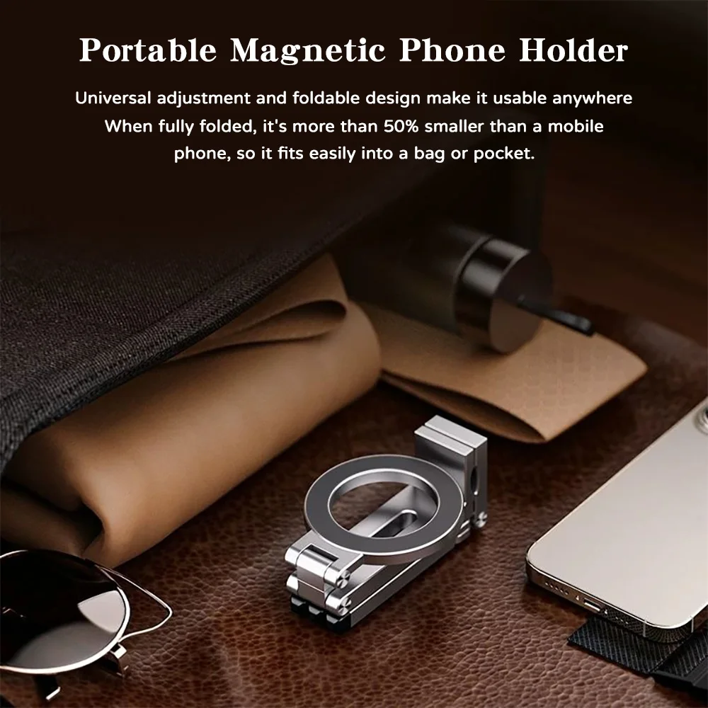360° Rotating Portable Magnetic Foldable Tripod Phone Stand Mini Metal For MagSafe Holder With Extra Magnetic Ring Sheet - Image 5