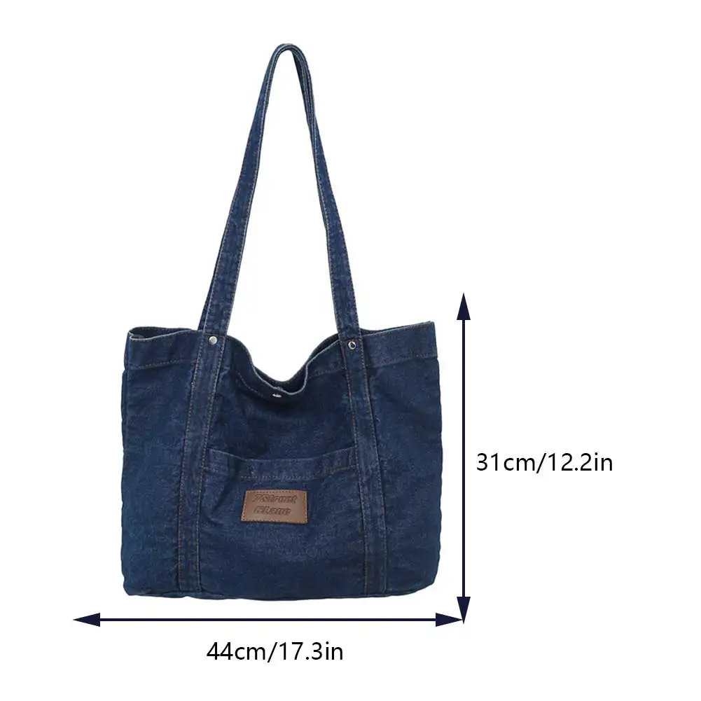 

Women Jeans Handbag Large Capacity Denim Versatile Shopping Bag Solid Color Female Daily Commute Bag