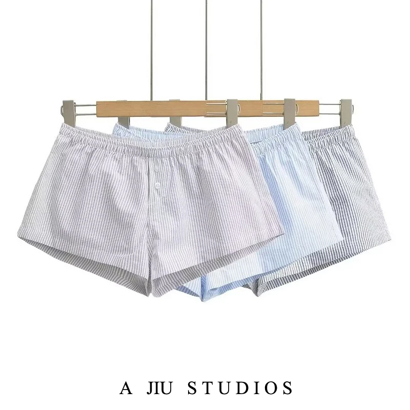 الأمريكية BM Sle مخطط زر منخفضة الخصر واسعة الساق ort السراويل النساء الصيف مريحة عارضة المنزل بوت تنوعا السراويل الساخنة #1