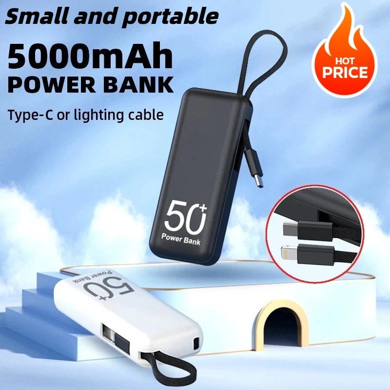 

Быстрое зарядное устройство Mini Power Bank емкостью 5000 мАч с осветительным кабелем Type-C Портативная мобильная внешняя батарея для iPhone 15 14 Samsung Xiaomi