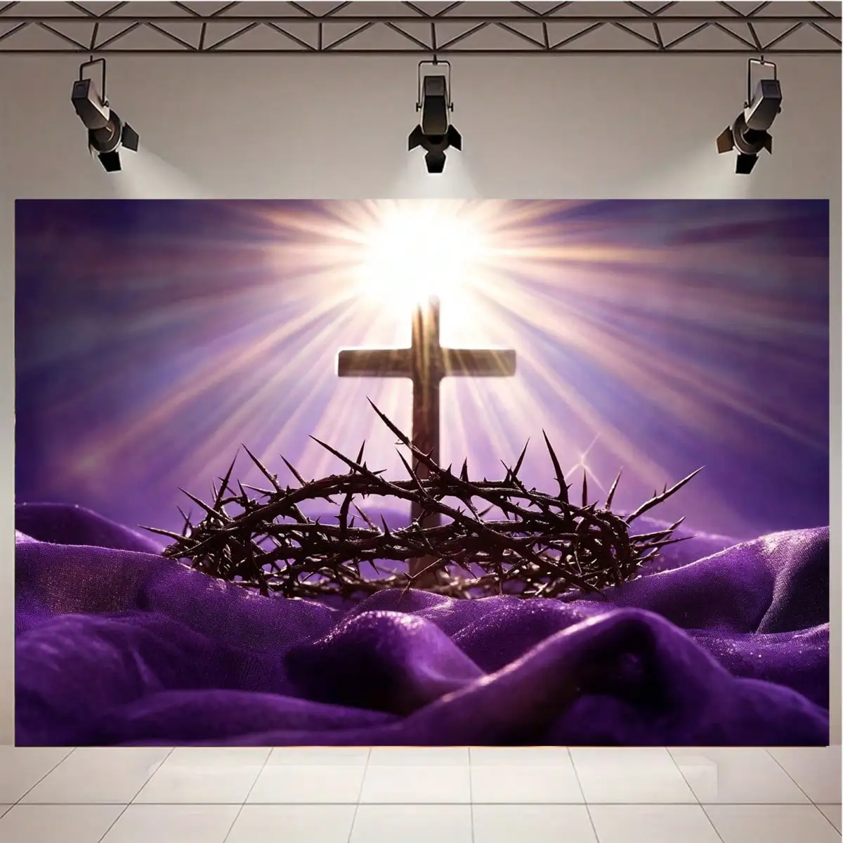 Christian Cross Tapestry - Religious Wall Hanging, Crown of Thorns Art, Purple Gold Spiritual Decor, Multiple Sizes