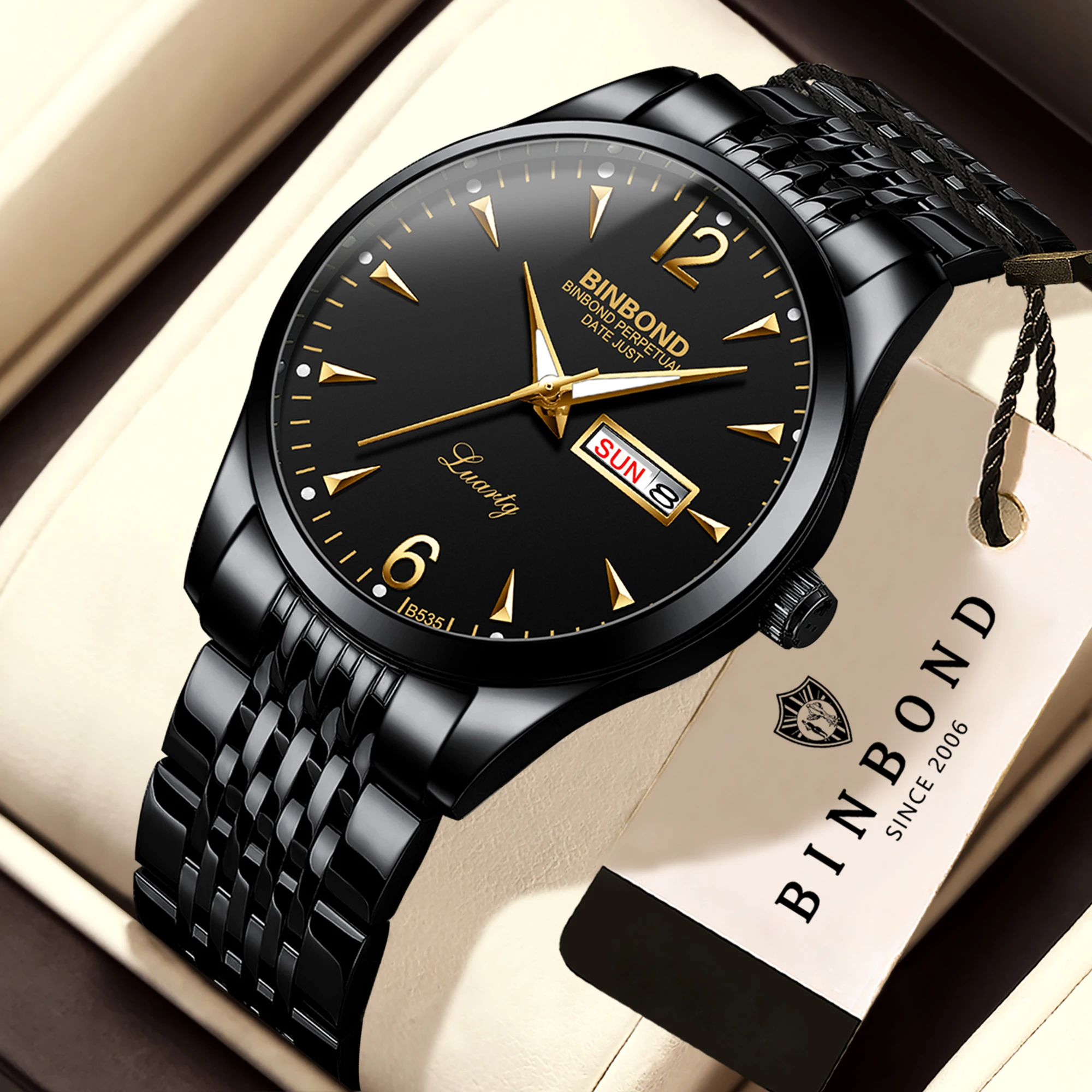 BINBOND Original Luminous Waterproof Men's Wristwatch Quartz Watches For Men Luxury Reloj Hombre Stainless Steel Man Watch