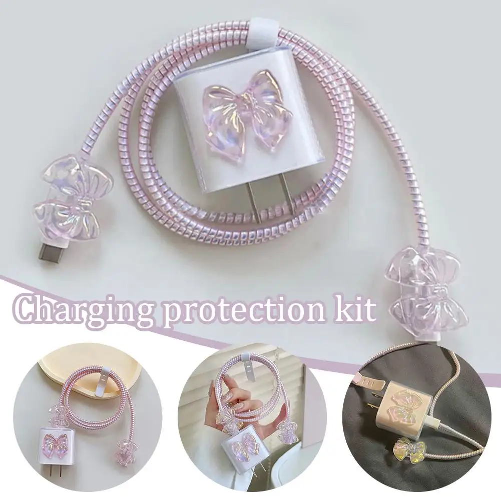 Pink Butterfly Charging Head Cover For IPhone Charging Data Cable Protector Data Cable Management Cord Winder Kit F4W0