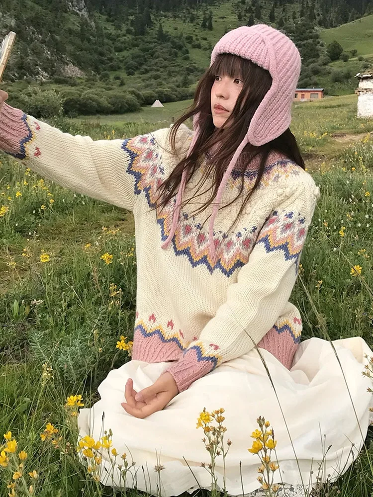 108cm Bust Women Fall Winter Warm Wool Pullovers Sweaters Elegant Loose Vintage Iceland Fair Isle O-Neck Knitted Sweaters