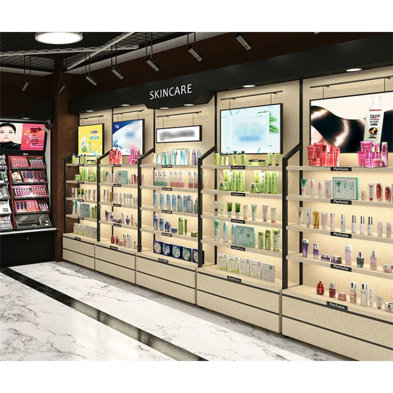 （customized）Cosmetic Display Shelf  with Light Cheap Beauty Makeup Store Fixtures Display Cabinet Cosmetic