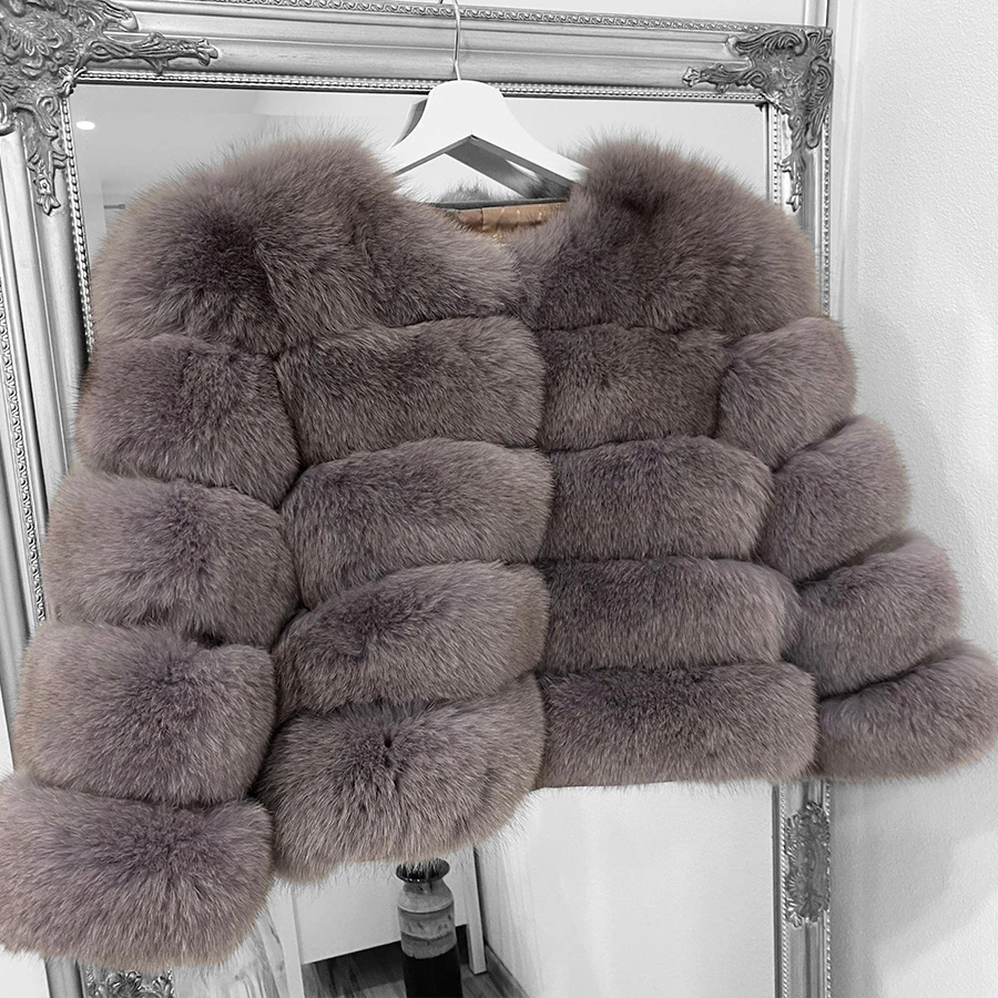 짧은 검정색 천연 여우털 코트, 라운드 칼라 리얼 퍼 코트, 여성용 퍼리 재킷, 고품질 정품 가죽 재킷