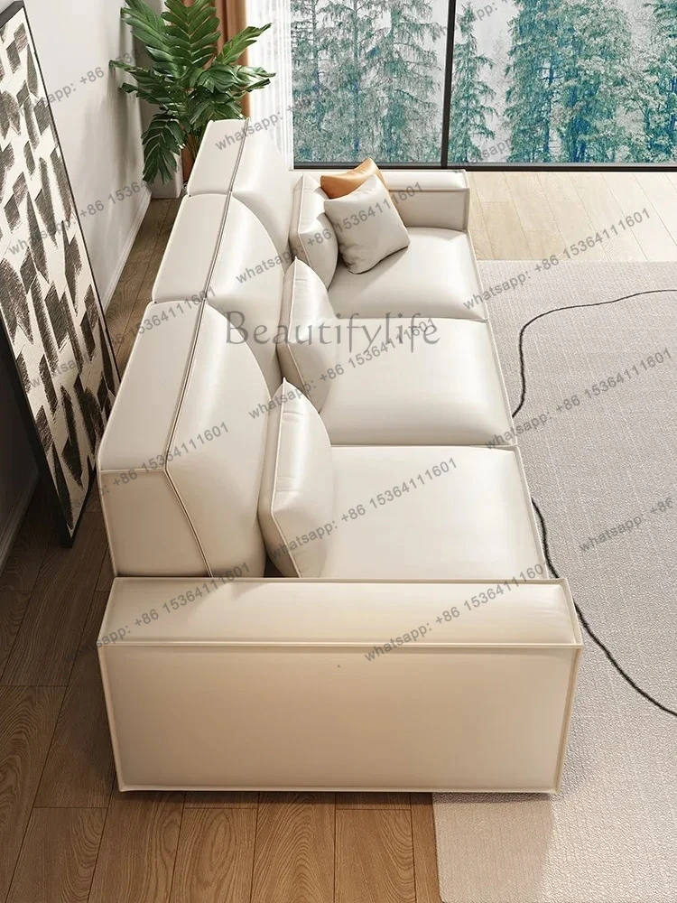Genuine Leather Tofu Block High Backrest Minimalistic Straight Row Small Apartment First Layer Cowhide