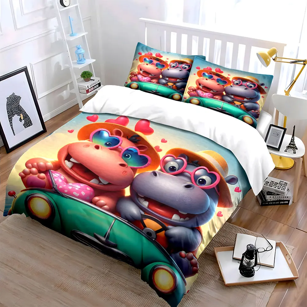 Happy hippo couple driving vintage car Pattern Duvet Cover Set Digital Print Colorful Polyester Bedding with Zipper Closur