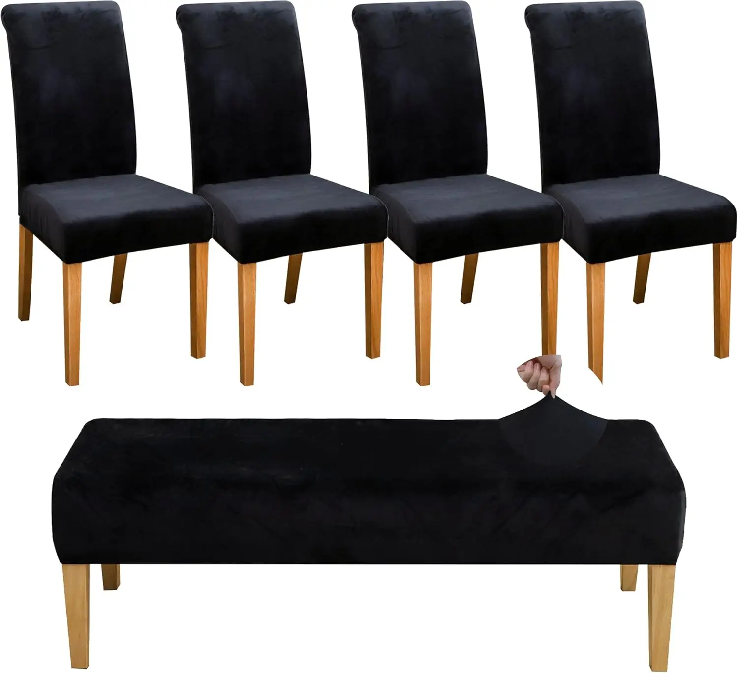 

Черные бархатные чехлы для обеденных стульев, набор из 4 шт., с чехлом для скамейки для столовой, съемный, моющийся, набор из 5 предметов