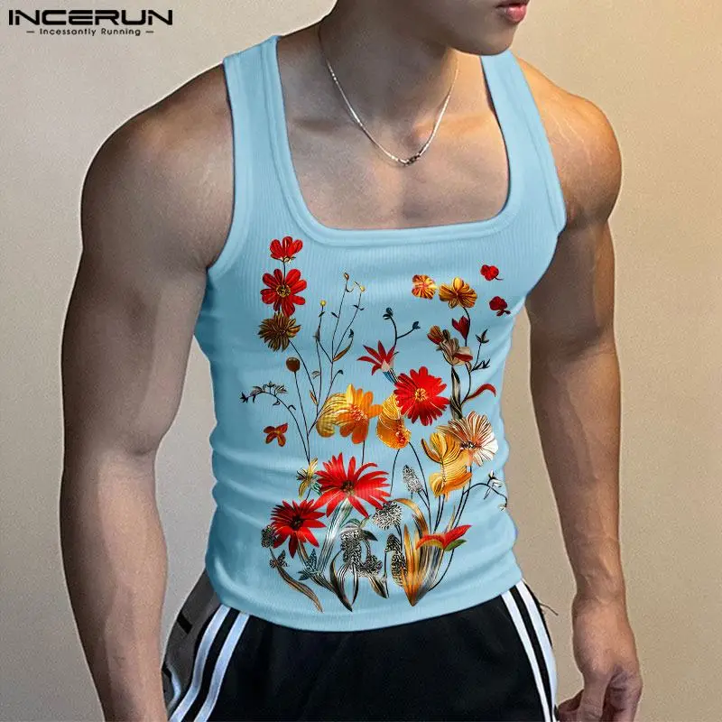 INCERUN Men's Tank Tops Flower Printing U-neck Collar Sleeveless Casual Male Vests Summer 2024 Streetwear Fashion Men Clothing