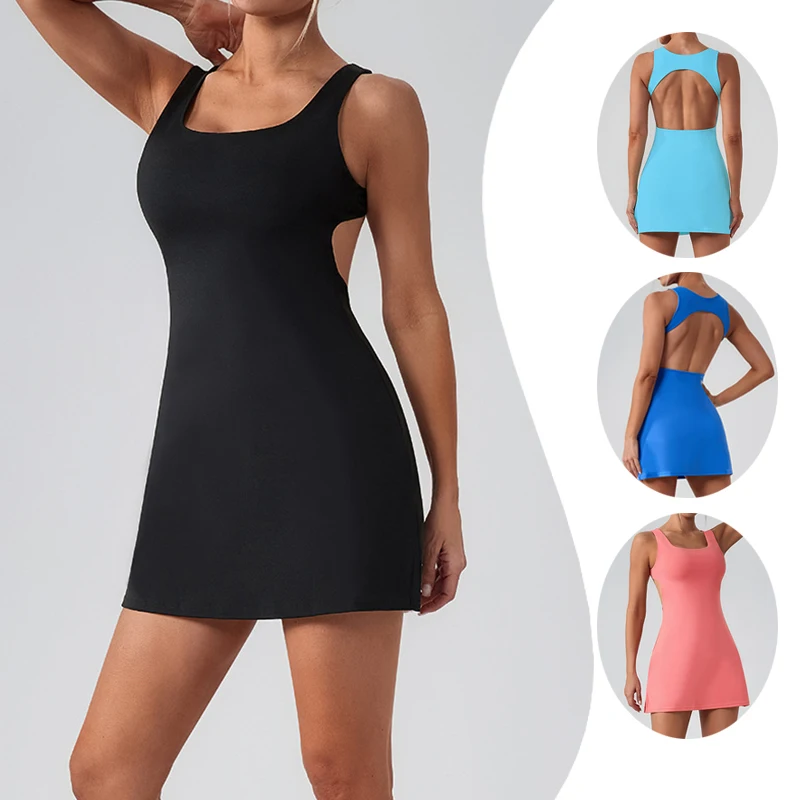 

Summer Sleeveless Slim Tennis Dresses Women Sexy Hollow Backless Golf Sports 2-in-1 Dress Outdoor Running Fitness Skirt