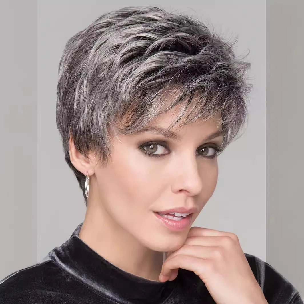 

Women's Short Pixie Boy Cut Salt And Pepper Straight Synthetic Hair Capless Wigs