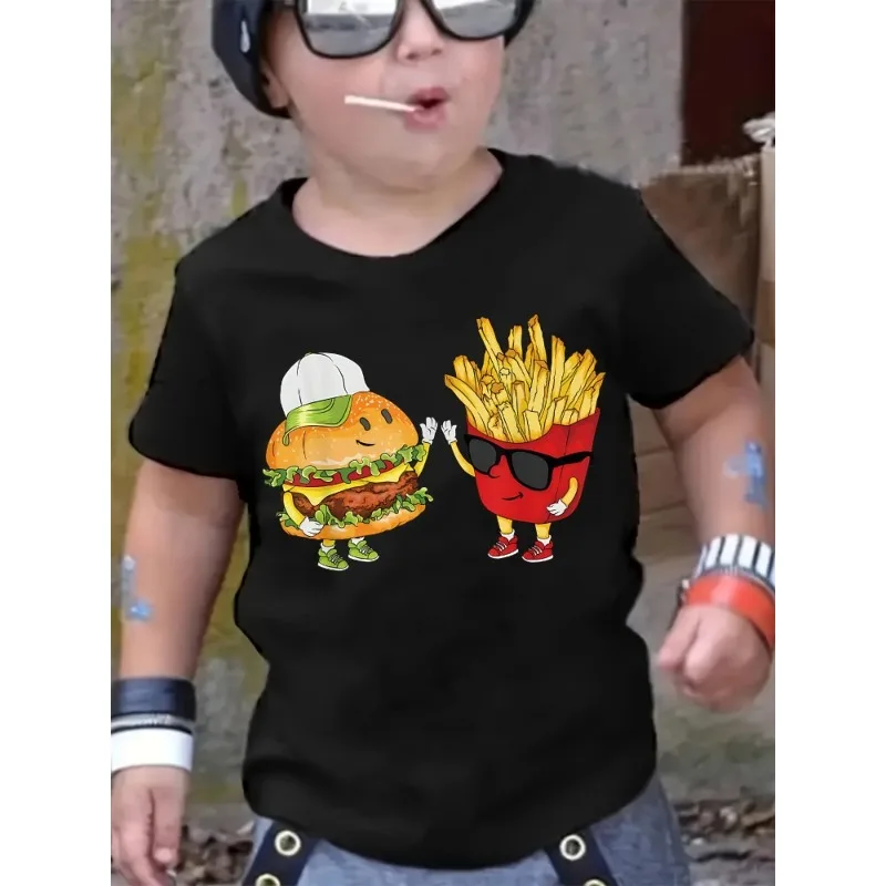 

2025 Burger French Fries Five Finger High Fun Pattern Summer Printed T-shirt Fashion Pattern T-shirt Cotton Casual Half Sleeve