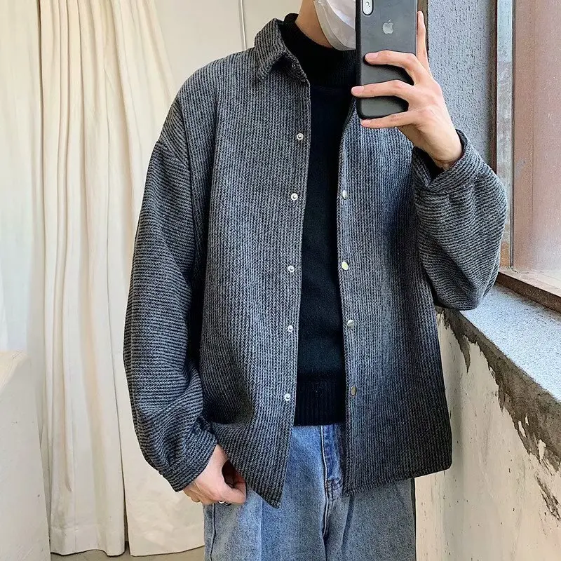 Thickened Woolen Shirt Men's Hong Kong Style Versatile Autumn Winter Lazy Fashion Trendy Long Sleeve Loose Fit Youth Shirt
