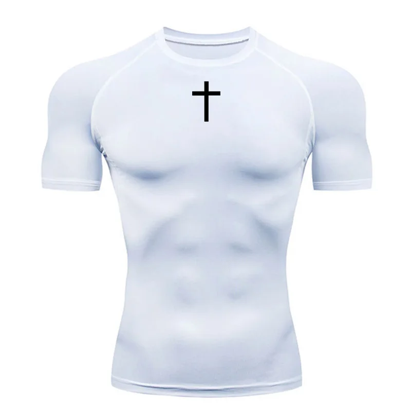 2024 Men\'s Gym T-Shirt Running Short Sleeve Shirt Compression Sportswear Quick Dry Black Cross Print Sports Bodybuilding T-Shirt