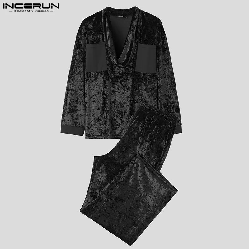 INCERUN Men Sets Solid Color Velour Patchwork V Neck Long Sleeve T Shirt & Pants 2PCS Streetwear 2024 Fashion Men\'s Casual Suits