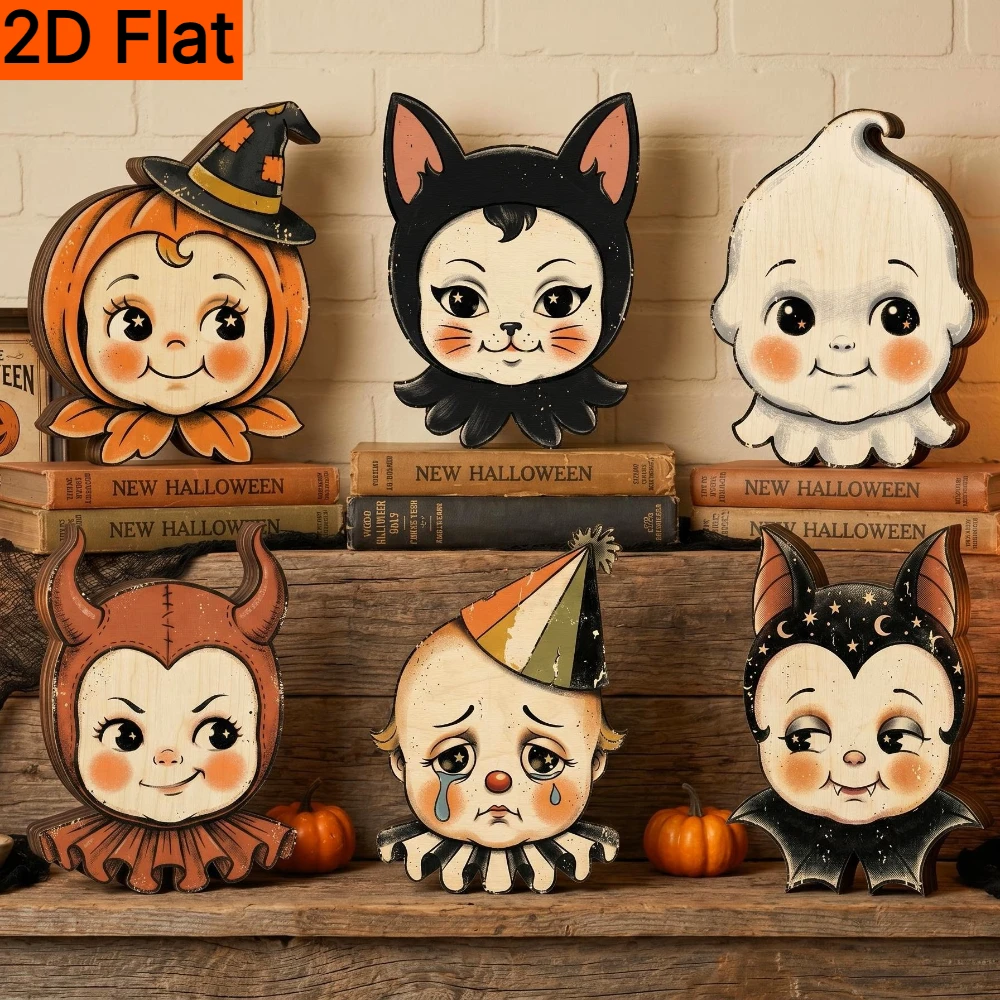 1pc 2D Flat Retro Halloween Magnet. Doll, Ghost, Pumpkin, Cat, Clown, Bat. Vintage Wood Shelf Decor & Housewarming Gift
