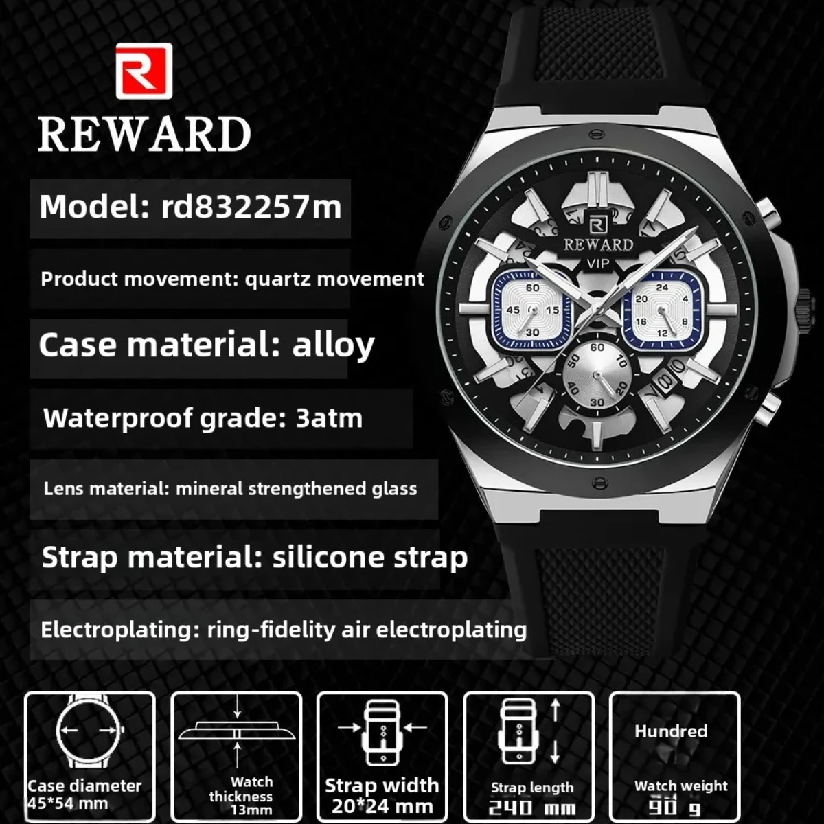 مكافأة 832257 أزياء رجالية كوارتز ساعة متعددة الوظائف التلقائي تاريخ كرونوغراف عارضة سيليكون حزام الساعات للرجل