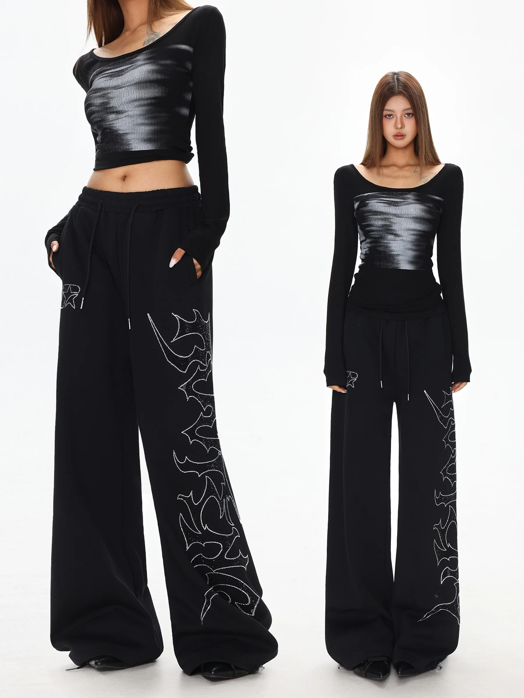 

Spicy Girl Rhinestone Straight Leg Pants Women Winter American Dstring Wide Leg Sweatpants Casual Loose Long Trou...