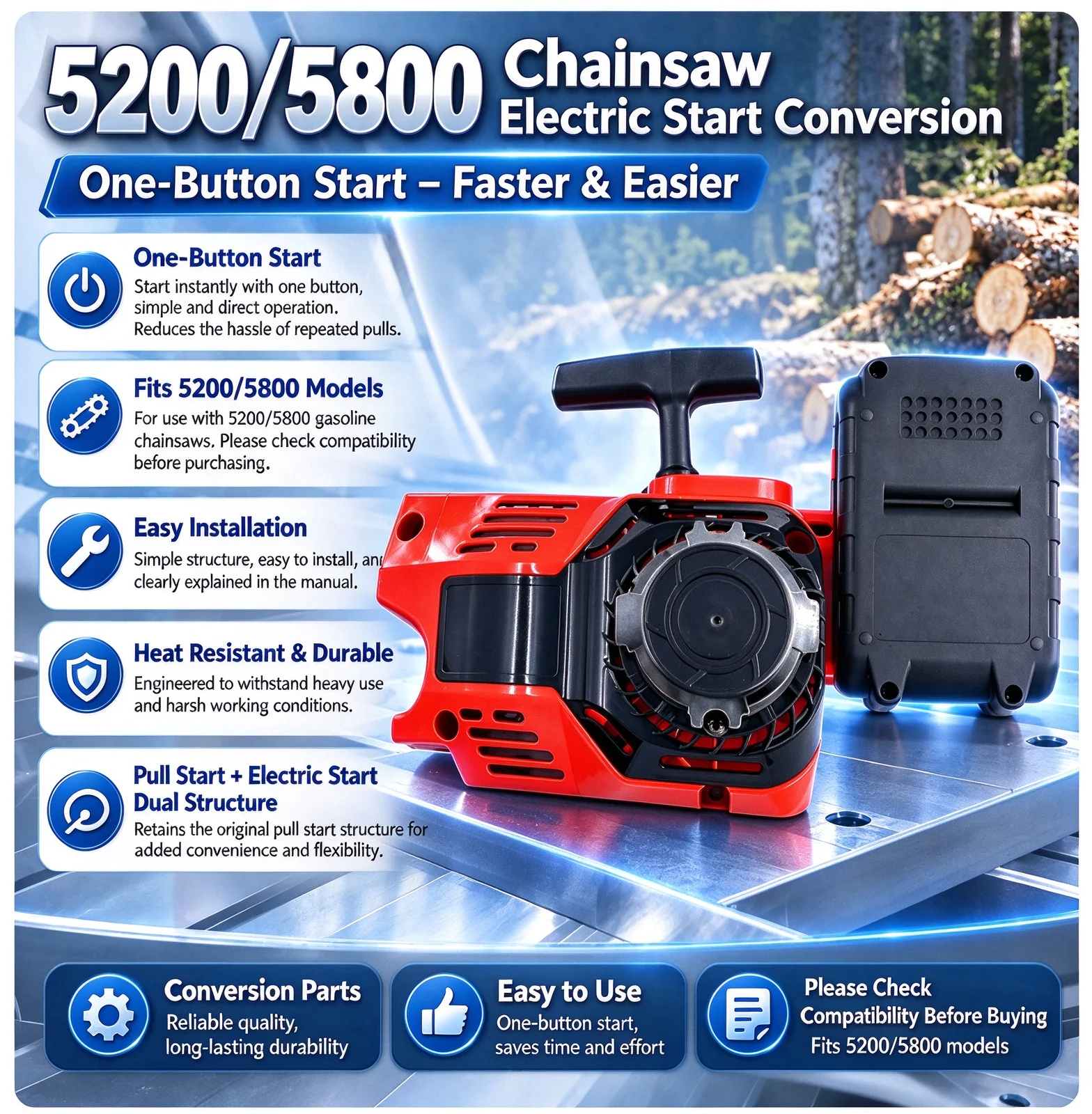 5200/5800 Chainsaw Electric Start Conversion Kit, One Button Starter ...