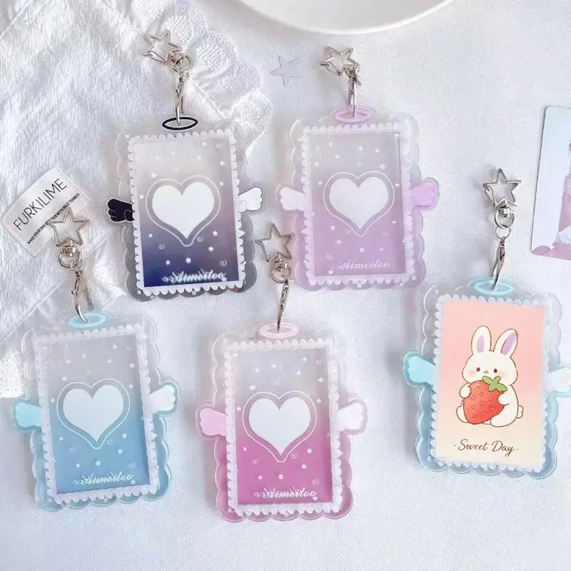 Llavero con diseño de estrella, soporte para fototarjetas Kpop, acrílico, diseño de alas de ángel, protector de fotos transparente, accesorio para mochila, regalo