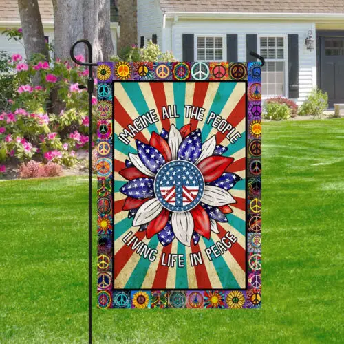 Hippie Peace Sign American Flag Imagine All The People Garden Flag