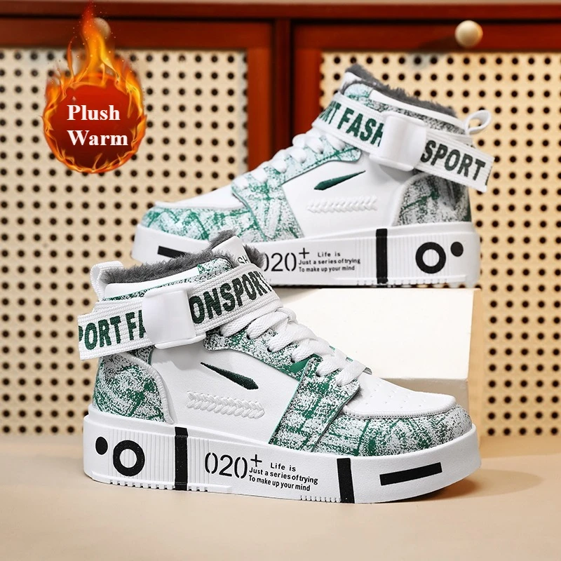 Fashion Boys Sneakers Children Casual Shoes High Top Board Shoes Plush Warm Kids Running Sneakers Outdoor Walking Winter Boots